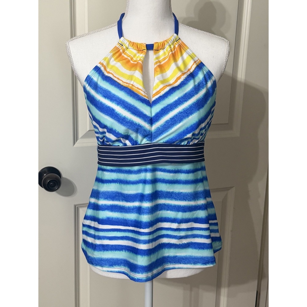 24 & Ocean Women's Blue Striped High Neck Halter Tankini Swimsuit Top Size L
